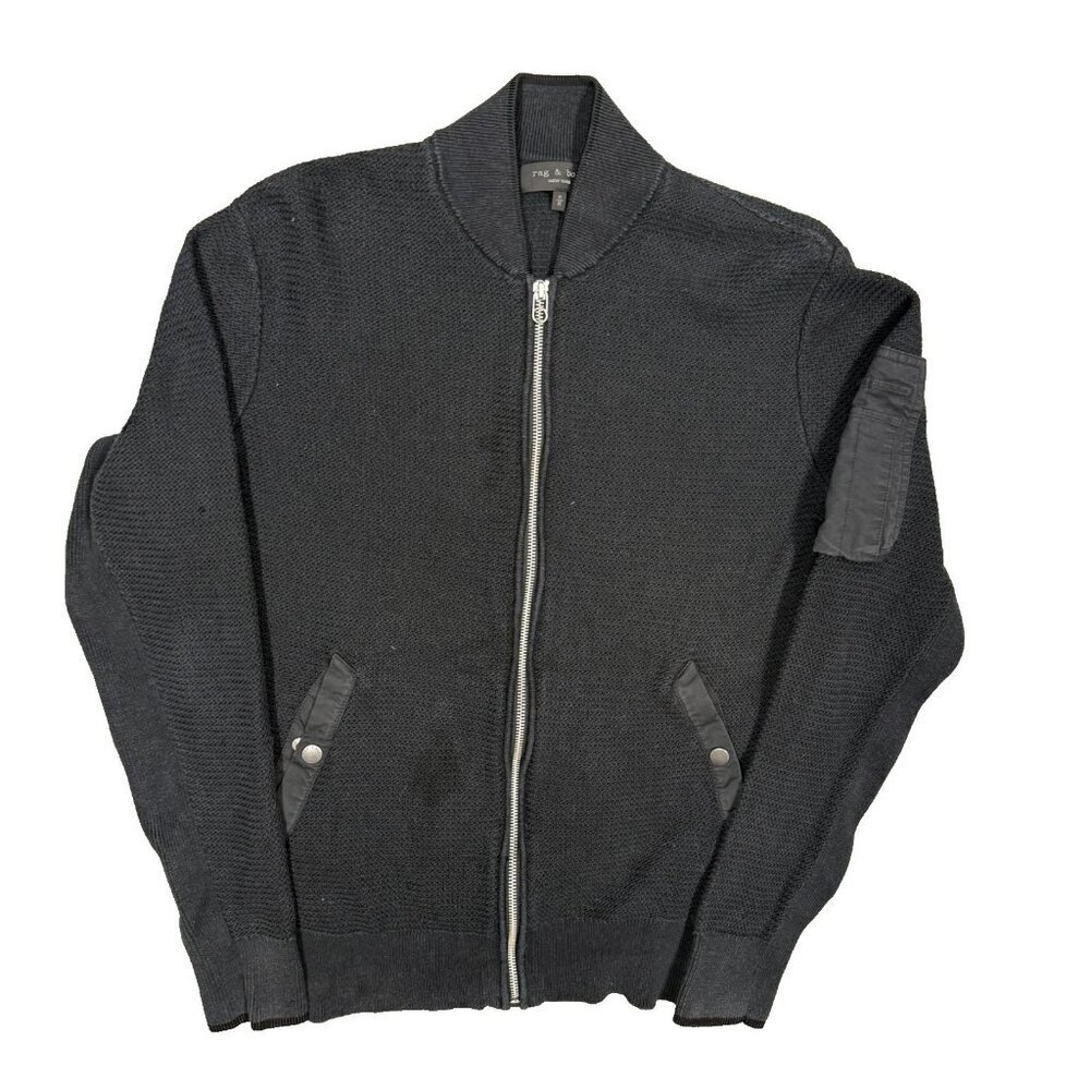 Rag & Bone ZIp Up Waffle-Knit Sweater Cotton Hemp Black Medium